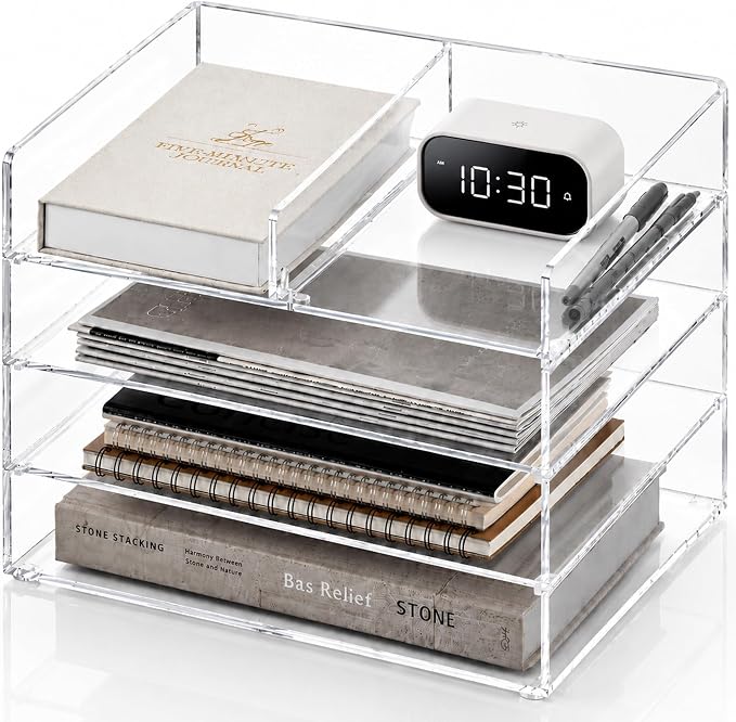 4-Tier Paper Tray Organizer Extra Large - Stackable Acrylic Desk Organizer | clear document sorter, vertical file holders, letter storage, workspace accessories, home, office, school, teachers, students