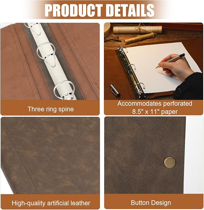 Teling 1 Pcs Leather 3 Ring Binder Holds 8.5 x 11 Inch Paper Binder Organizer Vintage Faux Leather Portfolio Folder Planner for Office Home Document Photo Diary Supplies (Vintage Brown)