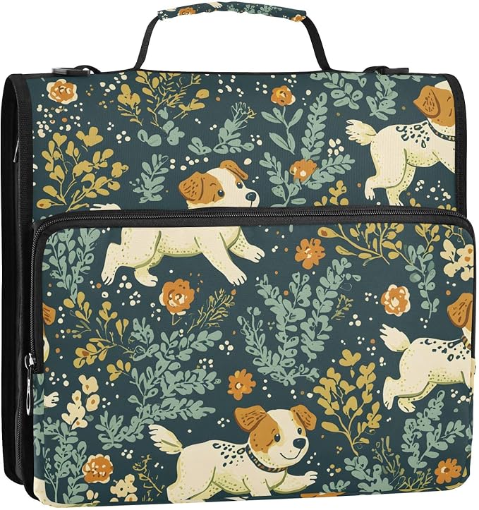 3 Ring Zipper Binder with Shoulder Strap Jack Russell Meadow Pattern 1.5 inch Binders Keeper Large Capacity Multi Pockets for School Office Supplies
