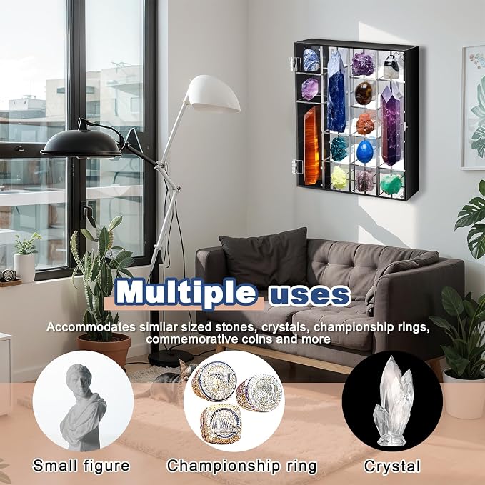 Cinnvoice Rock Display Case 20 Grids,Black Border,Square | Adjustable Acrylic Display Case, Crystal Organizer for Collectible, with Built-in Mirrored, Magnetic Door, Wall Mount