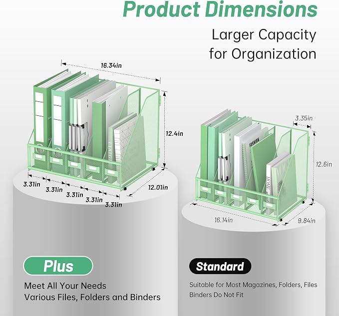 DALTACK 5-Slot Magazine File Holder, Metal Binder Holder, Mint Green | Iron Mesh Construction, Labeled Sections for Easy Sorting, Anti-Slip Feet, Binder and Folder Storage for Office, Classroom
