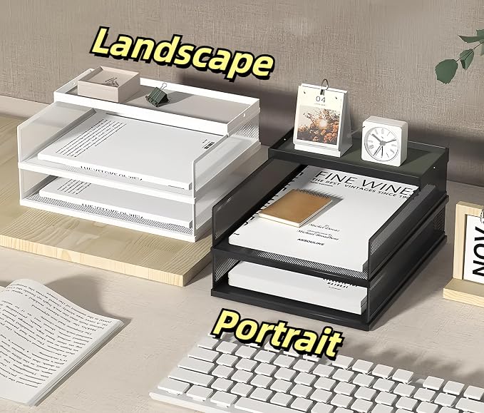A3 Mesh Desk File Organizer, Stackable Paper Tray，Desktop Document Sorter, File Storage, 3/4/5-Tier Paper Letter Tray Organizer, Desk Accessories & Workspace, Black (4 Tier-Portrait-Black)
