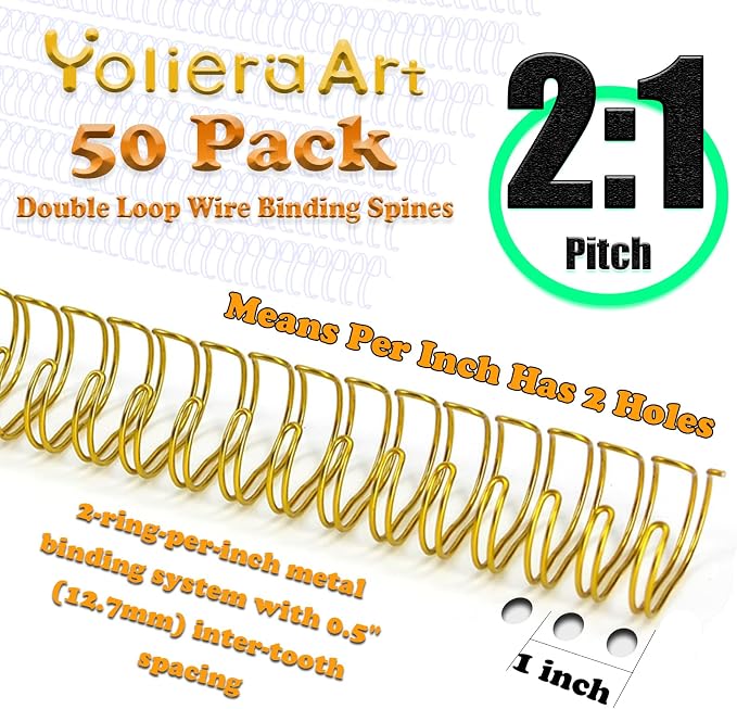 Double Loop Binding Wires for Students and Coworkers, 50 Pack Twin Loop Wire Binder Combs Spines for Booking Letter Size and Binding-Machines (50P, 2:1 Pitch, Gold, 3/4 Inch (180 Sheet Capacity))