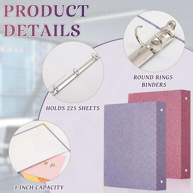 Fulmoon 2 Pcs Aesthetic 3 Ring Binders with Linen Cover 1 Inch Round Rings Binder with Inner Pocket 8.5" x 11" Binder Fits Letter Sized Durable for School Office and Home(Pink, Lavender)
