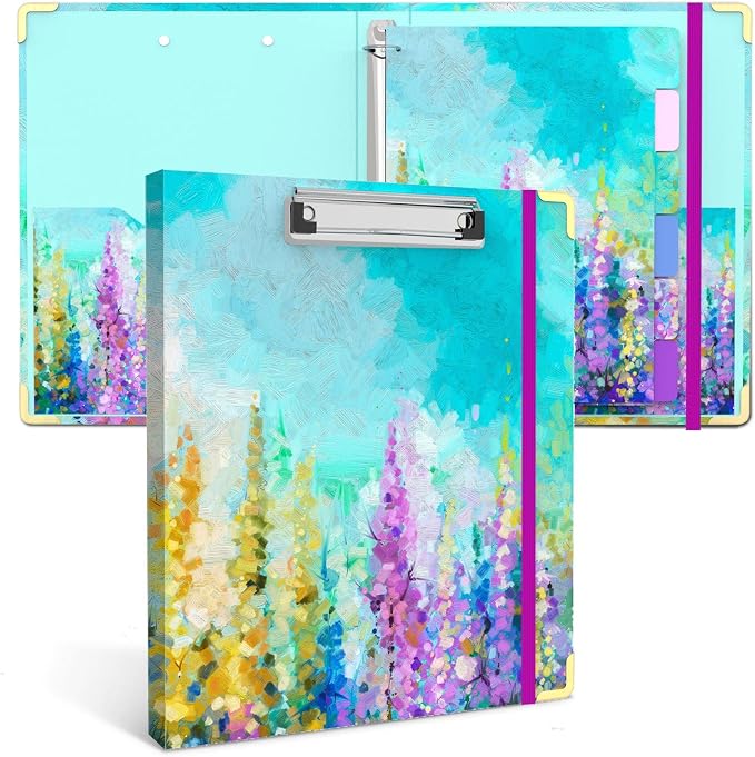 3 Ring Binder 1 Inch Ring, 2 Interior Pockets, 5 Tab Dividers, Low Profile Clipboard with Storage, Fashion Cute Binder and Labels Stickers for School Office (Purple Oil Painting)