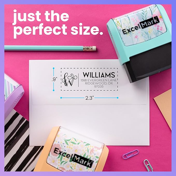 ExcelMark Address Stamp - Custom Return Address Stamp with Elegant Designs, Vibrant Colors & Patterns – Perfect for Mail, Invitations & Gifts (Pink Mount, Script Swirl)