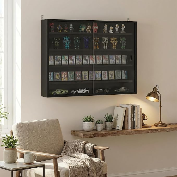 HOMCOM 5-Tier Wall Mounted Display Cabinet Glass Doors 60x80cm Jet Black | Display Case, 4 Adjustable Shelves, for Home Office Ornaments