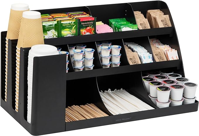 Mind Reader Large Cup and Condiment Station, 14-Compartment Countertop Coffee Organizer for Cups, Lids, Condiments and Supplies, Black