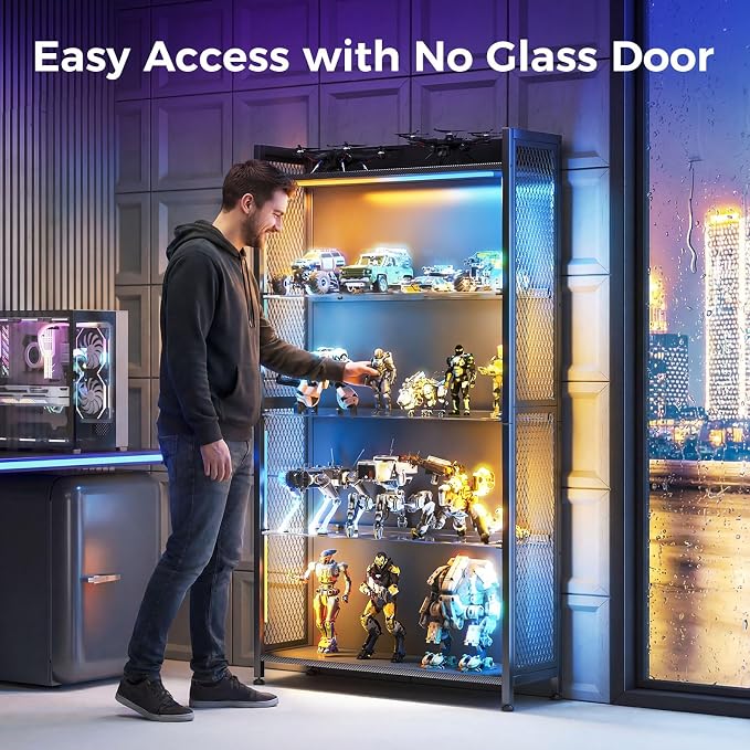 AODK Display Case with Glass Shelves & RGB Lights, 4-Tier Display Cabinet | LED Display Shelf with Industrial Metal Mesh & Open Shelf Design for Collectibles, Black Curio Cabinet, Book Case
