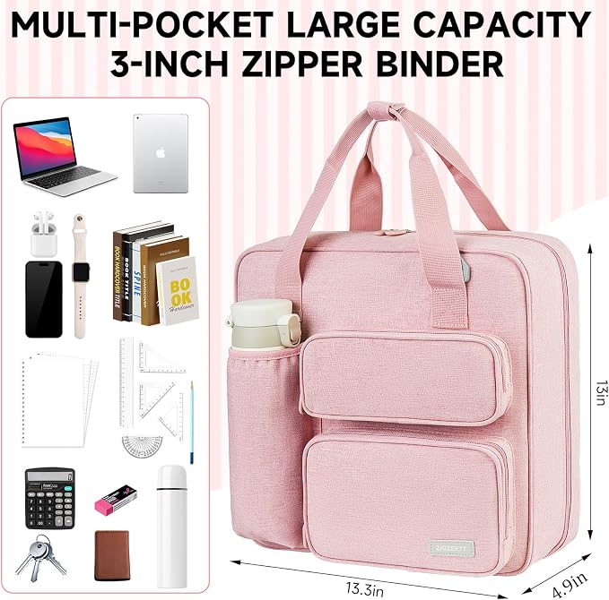 Zipper Binder 3 Ring, 700 Sheets Capacity, Binder 3 Inch with Shoulder Strap Fits 13 Inch Laptop for School and Office,Pink