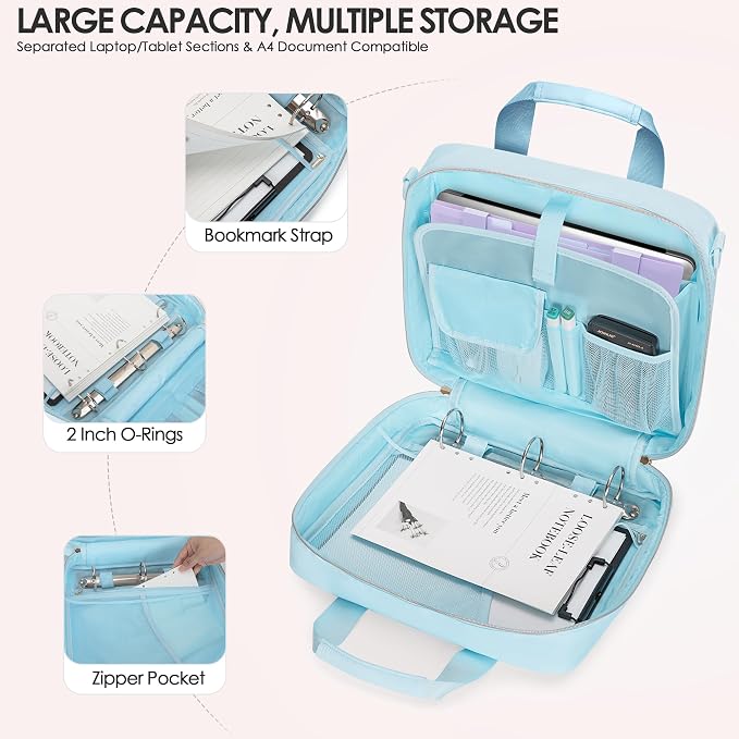 3 Ring Zipper Binder, 2 Inch Ring Binder Organizer Bag with Strap | Binder Bag Fits 13" Laptop & 500 Sheets, Detachable Shoulder Strap, Large Capacity Zip Up Portfolio Folder Bag for Office