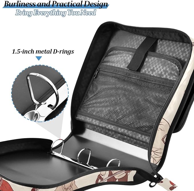 3 Ring Zipper Binder with Shoulder Strap Hockey Players Vintage Sport Ball 1.5 inch Binders Keeper Large Capacity Multi Pockets for School Office Supplies