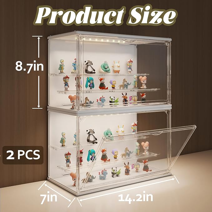 Clear Display Case for Collectibles, 3-Tier Adjustable Figure Display Case with LED Light, Stackable Acrylic Showcase with Magnetic Door for Jewelry,Collectibles (White, 2 Pack-17.4" H)