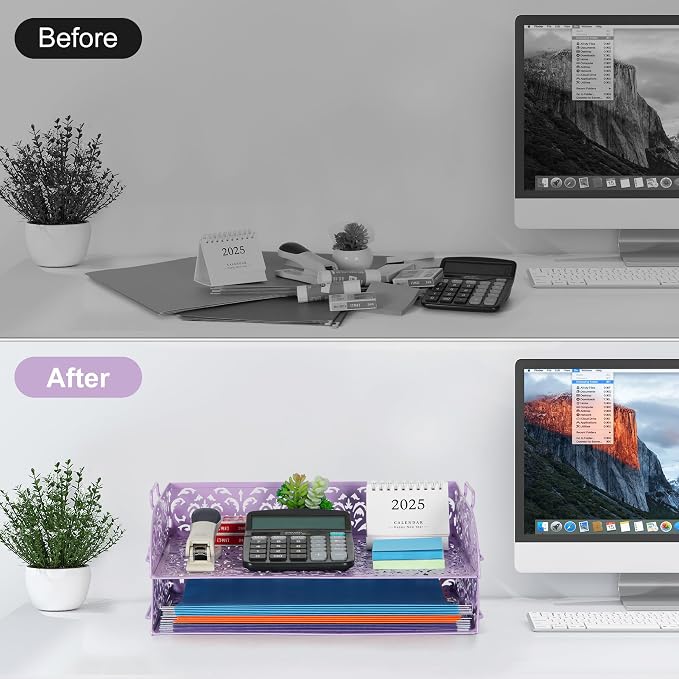 EasyPAG Paper Organizer for Desk 2 Tier Stackable Paper Tray for A4 Legal Size Folders Metal File Storage Desktop Organizer for Home Office School Teacher, Purple