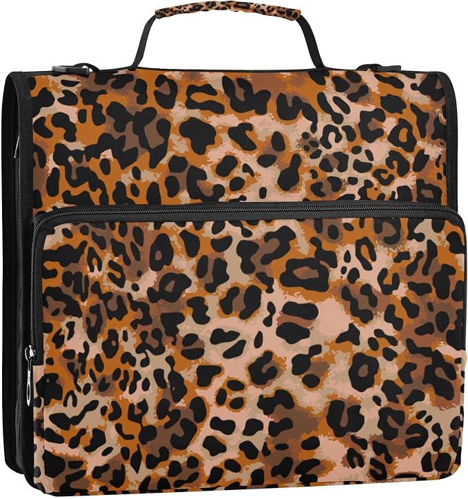 Fisyme Cheetah Leopard Print Zipper Binder 3 Ring with Zipper and Shoulder Strap Large Capacity Multi-Pocket Binder Organizer