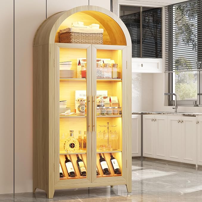 Vlsrka 71" Arched Kitchen Pantry Storage Cabinet with Glass Doors | 5-Tier Display Cabinet for Collectibles, Tall Bookcase with LED Light & Motion Sensor, Curio Cabinet with Adjustable Shelf