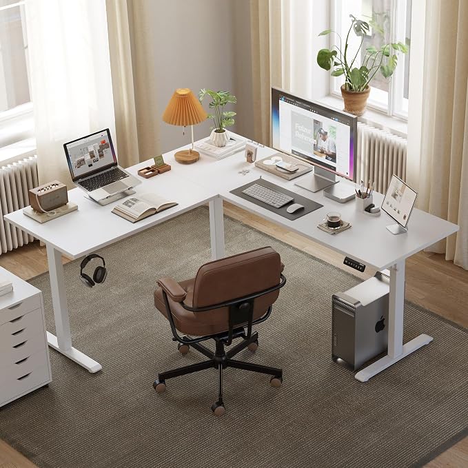 Agilestic 63 x 55 Inch L Shaped Electric Standing Desk, White | Corner Desk, Ample Workspace, Memory Presets, Hooks, Stable Steel Frame,176 lbs Capacity, Easy Assembly, Splice Board