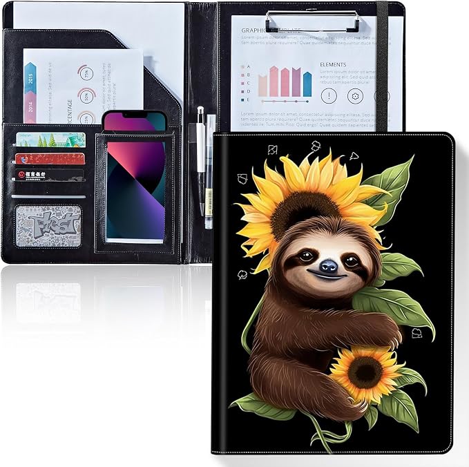 Padfolio/Portfolio Folder Clipboard,Padfolio Clipboard,Writing Portfolio Leather with Cover for Card Holder Slot Letter Size A4 for Office Conference Notepad Clip Boards,Lovely Sloth Sunflower