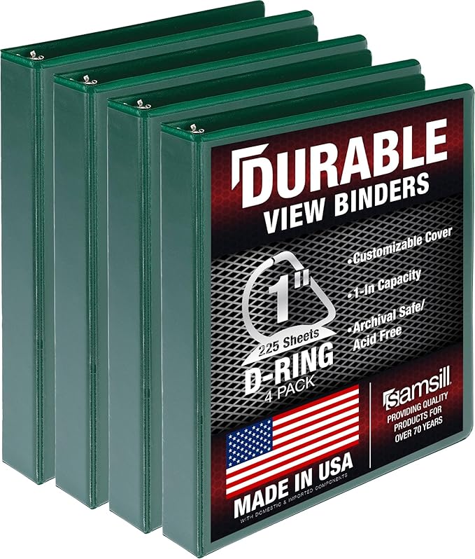 Samsill Durable 1 inch 3 Ring Binder, D Ring Binder, 100% Recycled Chipboard, Green, 4 Pack