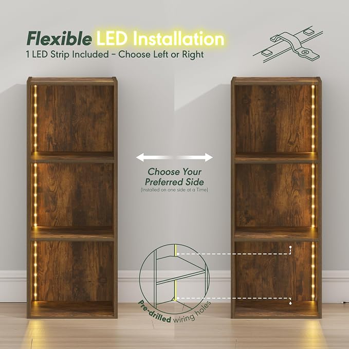 Furinno LUDER Book Shelf with LED Lights, 3-Cube Bookshelf, Bookcase, 9.3 x 12 x 31.5, for Home Office, Living Room, Study Room, Amber Pine