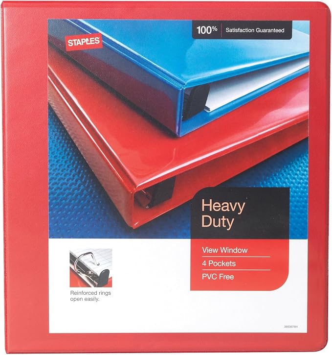 Staples Heavy Duty 1 1/2" 3-Ring View Binder, D-Ring, Red, 4/Pack