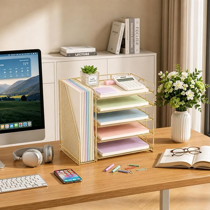 Desk Organizer, 5-Tier Paper Organizer Letter Tray, Gold | Desk Organizers and Accessories, Office Desk Accessories & Workspace Organizers, Desktop File Organizer for Office Supplies