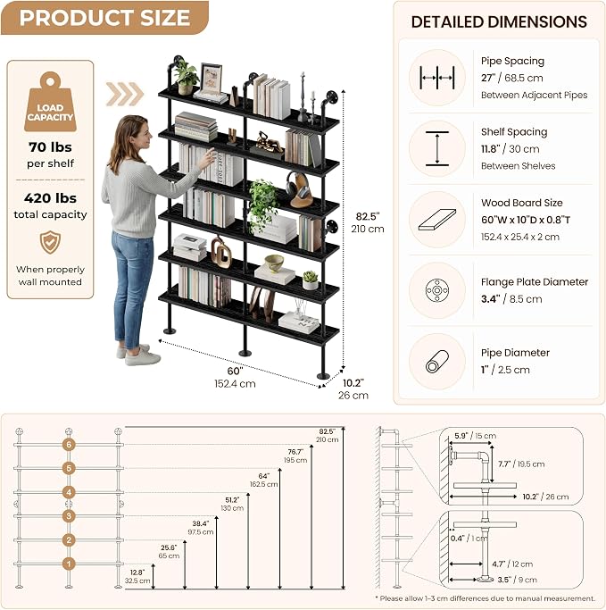 6-Tier LED Ladder Shelf, Wall Mounted Pipe Bookshelf, Black 60 Inch | Solid pine 6-tier wall mounted pipe bookshelf with warm LED lights, 70 lb shelves, for books, plants and decor