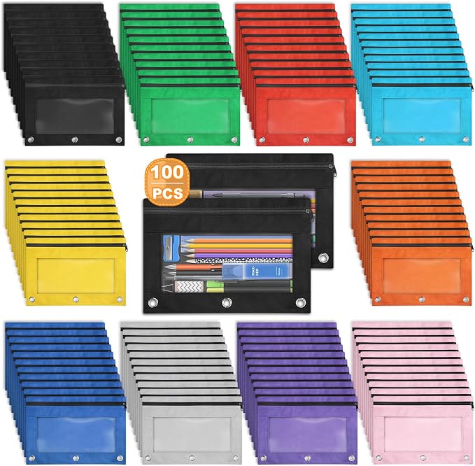Pencil Pouch for 3 Ring Binder, 100 Pack Pencil Pouches Bulk in 10 Colors | Binder Pencil Pouch with Smooth Zipper, Zipper Pencil Pouches, 3 Ring Binder Pencil Pouches, Clear Window Pencil Case