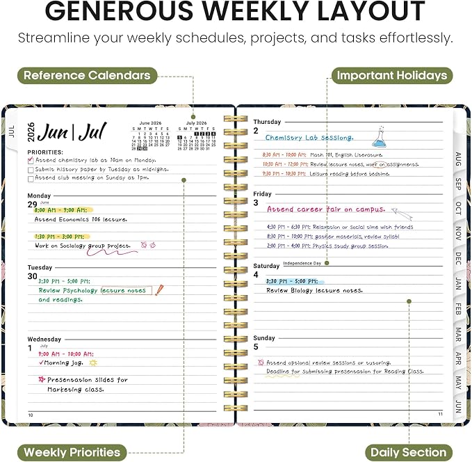 Taja Planner 2026-2027, Jul 2026-Jun 2027 Monthly & Weekly Calendar Planner | 6.3" x 8.5", Hardcover Academic Calendar, Teacher Student Agenda Book with Tabs, School Office Supplies, Blush Vines