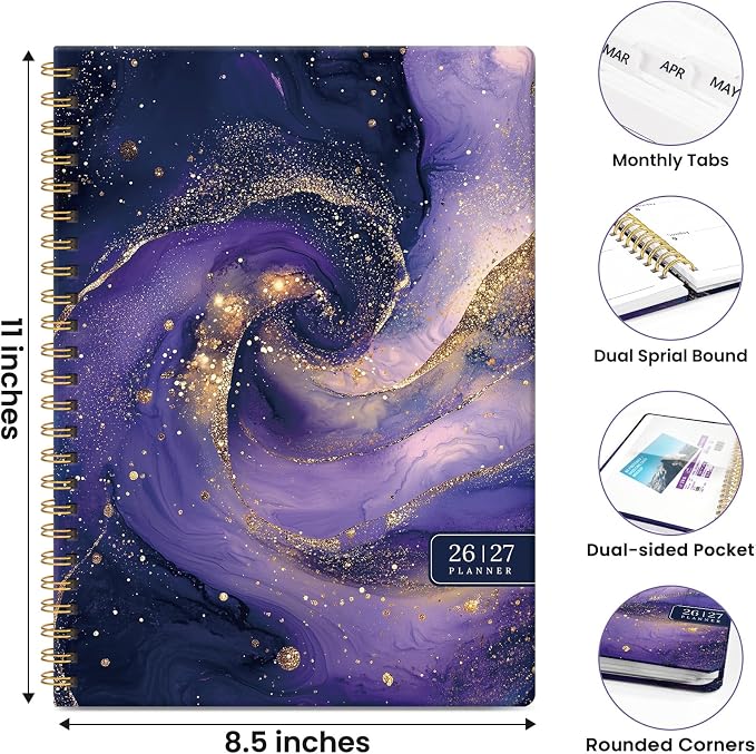 Planner 2026-2027, Academic Year Monthly & Weekly Planner Caledndar, July 2026 - June 2027, Hardcover Large Planning Agenda Book with Tabs for School Office Supplies, 8.5" x 11" - Cosmic Amethyst