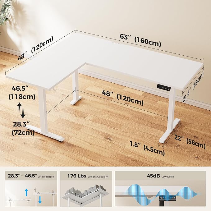 Agilestic L Shaped Standing Desk 63 inch Adjustable Height, Electric Corner Standing Desk, Sit Stand Computer Table with Splice Board, White | Corner Desk, Ample Workspace, Memory Presets, Hooks, Stable Steel Frame,176 lbs Capacity, Easy Assembly, Spli...
