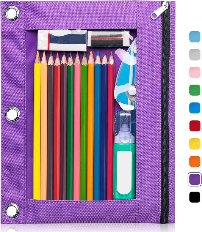 Forvencer 3 Ring Binder Pencil Pouch - Clear Window Pencil Case with Binder | Smooth Zipper, Big Capacity Pencil Bag with 3 Reinforced Grommets, Purple