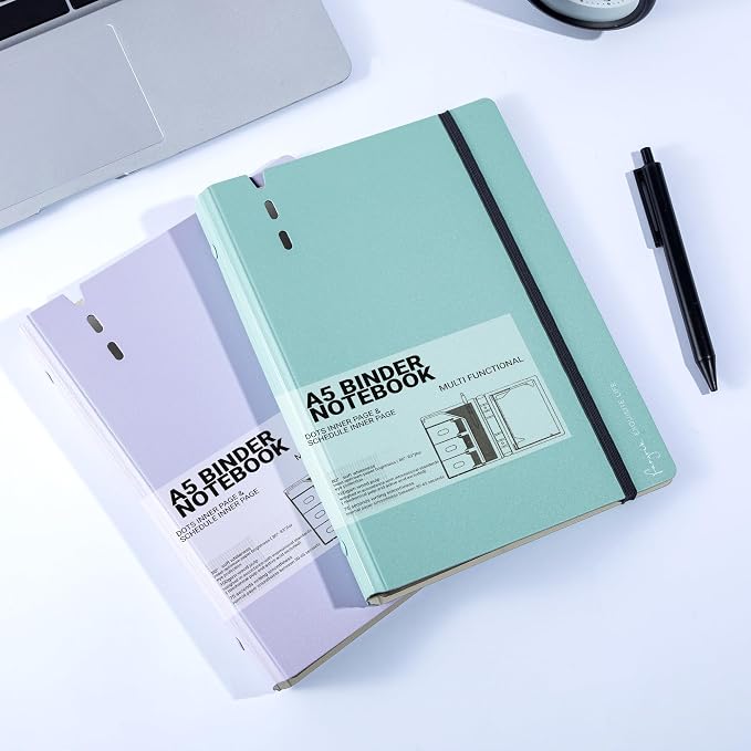 CAGIE 2 Pack A5 Binder 6 Ring Refillable Notebook, Dividers & Pockets | Daily Planning Square Ruled and Dotted Pages, 6.89 x 9.25 In, Refill Paper Included (Purple & Blue, A5 Daily & Dot Page)