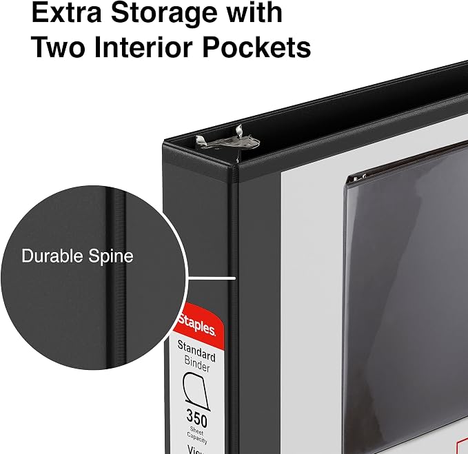 Staples 1 1/2" 3-Ring View Binder, D-Ring, Black, 4/Pack