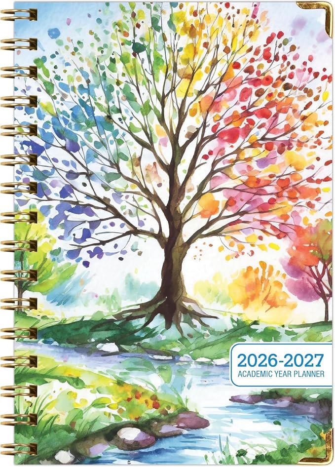 HARDCOVER Academic Year 2026-2027 Planner: 14 Months (May 2026 Through June 2027) 5.5"x 8" Daily Weekly Monthly Planner Yearly Agenda. Bookmark, Pocket Folder and Sticky Note Set (Tree Seasons)