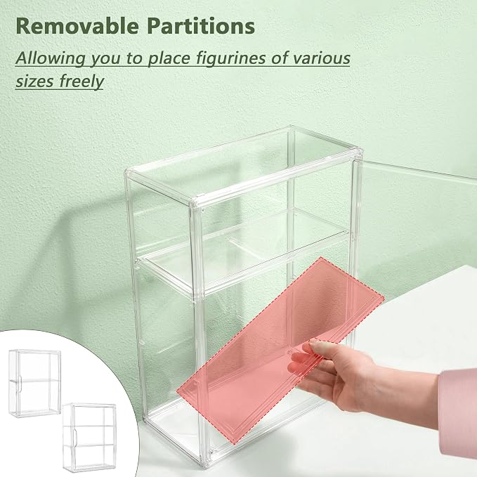 LXLXXL Acrylic Display Case 3 Tier Wall-Mounted for Collectibles,4 Pack | Dual-Use Tabletop＆Wall Mount with Adhesive Buckles, Magnetic Door, 3 Removable Partitions,Tool-Free Assembly for Collectibles