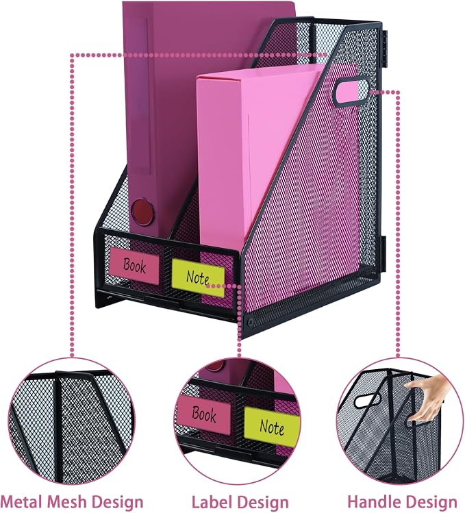 Desk Organizers, Metal Magazine File Holder with 2 Vertical Compartments Rack Binder File Organizer for Office Supplies, Home Workspace - Black