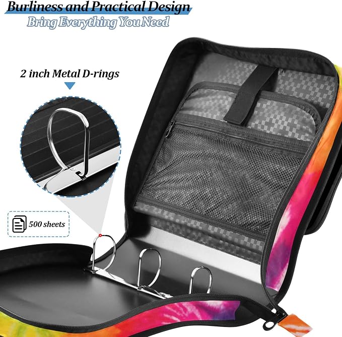 Fisyme Tie Dye Rainbow Zipper Binder 3 Ring with Zipper and Shoulder Strap Large Capacity Multi-Pocket Binder Organizer