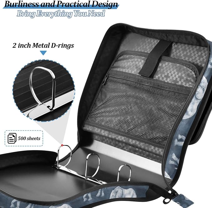 Fisyme Grey Vintage Elephant Zipper Binder 3 Ring with Zipper and Shoulder Strap Large Capacity Multi-Pocket Binder Organizer
