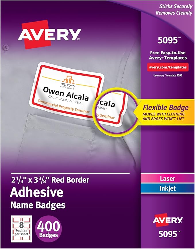 Avery Flexible Printable Name Tags, 2-1/3" x 3-3/8", White with Red Border, 400 Removable Name Badges (05095)