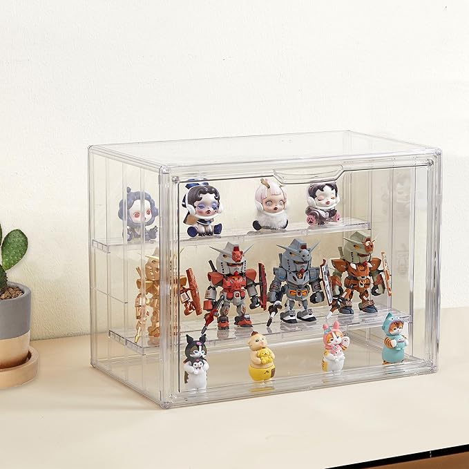 Acrylic Display Case for Collectibles, 4 Tier Figure Display Box, 2 Pack | 3 Movable Dividers, Magnetic Door for Easy Access, Clear Showcase, Easy Assembly, Stable Stacking, Wide Handle, Dustproof