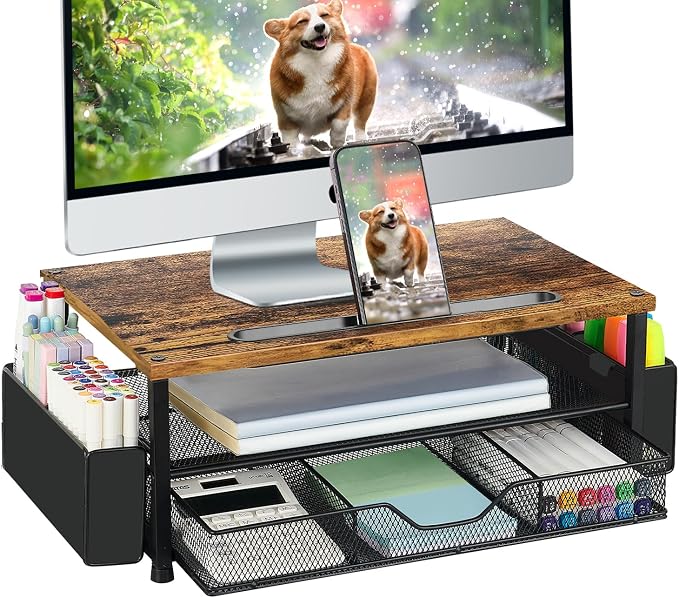 AUPSEN Wood Desk Organizers and Accessories, 2-Tier Computer Monitor Stand Riser with Drawer, Pen Storage & Phone Holder, Office Desk Accessories, Workspace Desktop Organization for Office Supplies（Brown）