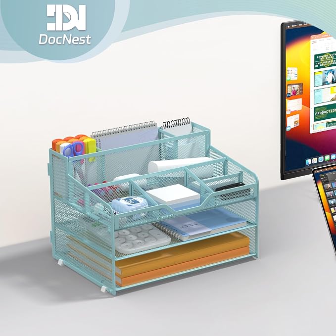 Docnest 3 Tier Mesh Desk Organizer with Letter Tray & Paper Sorter, Blue | Features 3 built-in pen holders & 5 adjustable compartments on top. Includes 4 non-slip rubber feet for desk protection