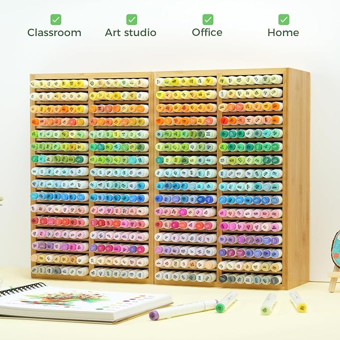 Ohuhu Bamboo Marker Organizer Hold 224 Markers for Honolulu Oahu Series | Markers Pens Pencils Stationary Organizer Holder Desktop Storage with 32 Compartments for Classroom Office Decor Home