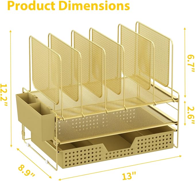 LEKETREE Gold Desk Organizer, Office Organization with Vertical File Holder, File Organizer with Drawer and Pen Holder, Desk Accessories and Workspace Organizers for Home Office (Gold)