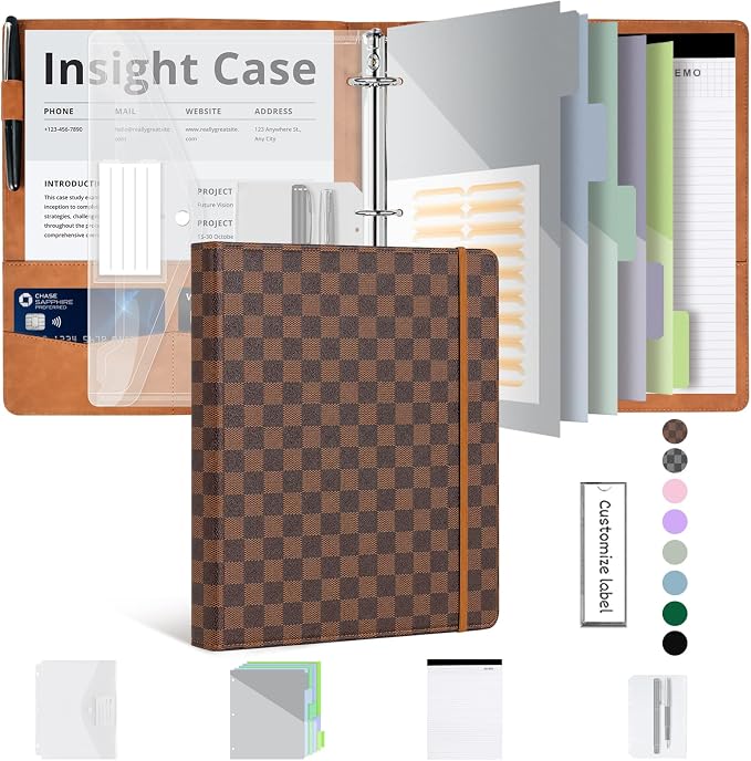 Grid Leather 3 Ring Binder 1 Inch, with Clipboard Notepad&5 Dividers with Pockets, Labels,PU Clipboards for School Office(Brown,Letter Size)