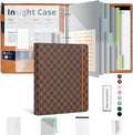 Grid Leather 3 Ring Binder 1 Inch, with Clipboard Notepad&5 Dividers with Pockets, Labels,PU Clipboards for School Office(Brown,Letter Size)