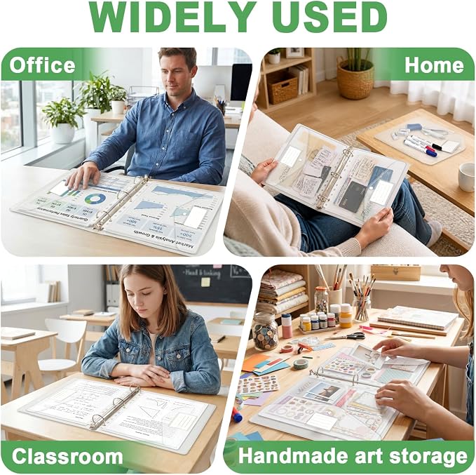 HOUYEE 12 Pack Heavy-Duty Clear Binder Pocket Folders for 2/3/4 Ring Binder | 11 Holes Binder Envelopes with Snap Closure, Plastic Clear Binder Folders for Office, 8 Mil,100 Sheet Capacity, Letter Size