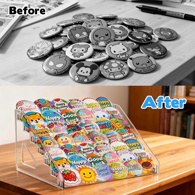 7 Tier Transparent Acrylic Button Pins Organizer Stand, Versatile Clear Acrylic Large Capacity Storage Organizer Tray Display Box for Button Pins Badges Glasses Makeup Nail Polish Graded Cards