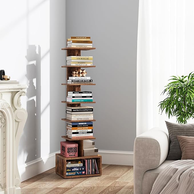TUTOTAK Book Shelf, Narrow Spine Bookshelf, 8-Tier Bookcase for Small Space | 10.4 x 11.8 x 47.5 Inches Vertical Freestanding Corner Shelf for Living Room, Office, Study, Entryway, Brown BS07BB008